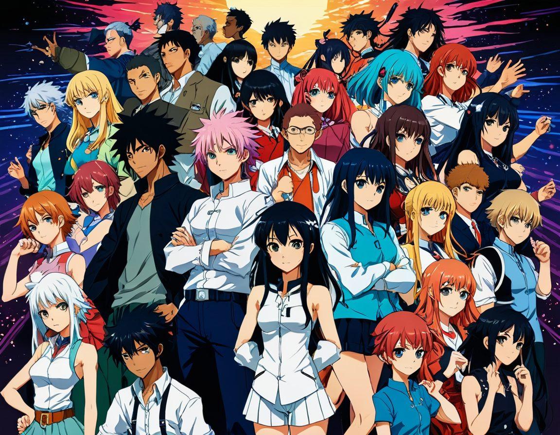 A vibrant illustration of diverse anime characters exploring various niche adult themes and fetishes, each character showcasing their unique style and expression. The background features a blend of whimsical and mature elements, symbolizing the complexity of adult anime culture. Bright colors contrast with more muted tones, creating an engaging atmosphere. The characters should interact dynamically, reflecting a sense of community and acceptance. anime, vibrant colors, semi-realistic.