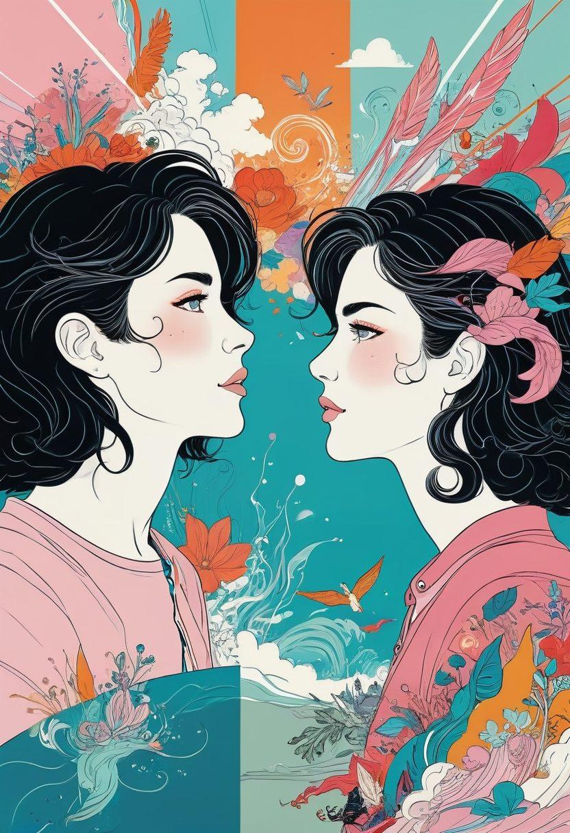 A dynamic juxtaposition of two contrasting scenes, one depicting a vibrant, playful, and abstract representation of kink in graphic novels, featuring playful characters and symbols, while the other side shows a soft, romantic scene with gentle colors, intimate characters, and a serene setting. The transition between the two should be smooth, illustrating the spectrum of adult content. Comic book panel style with bold outlines and rich details. vibrant colors. graphic novel style.